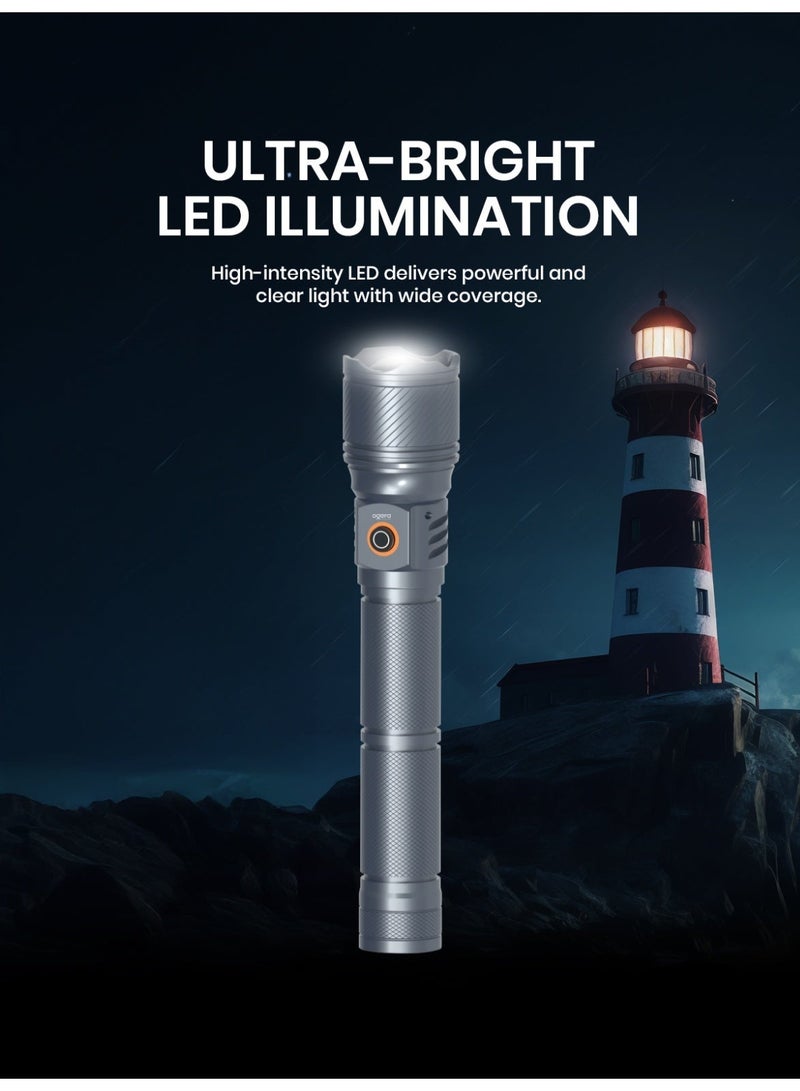 أوجيرا كشاف LED قابل لإعادة الشحن | كشاف تكتيكي فائق السطوع | سطوع عالي | بطارية 3SC طويلة العمر | تصميم صغير وقوي التحمل | مقاوم للماء | مثالي للتخييم والمشي وحالات الطوارئ | ضمان سنتين | OG1008SL | رمادي - Image 1